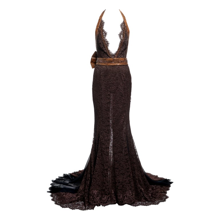 Dolce and Gabbana Brown Lace Halter Evening Dress With Snakeskin Belt, SS  2005 at 1stDibs