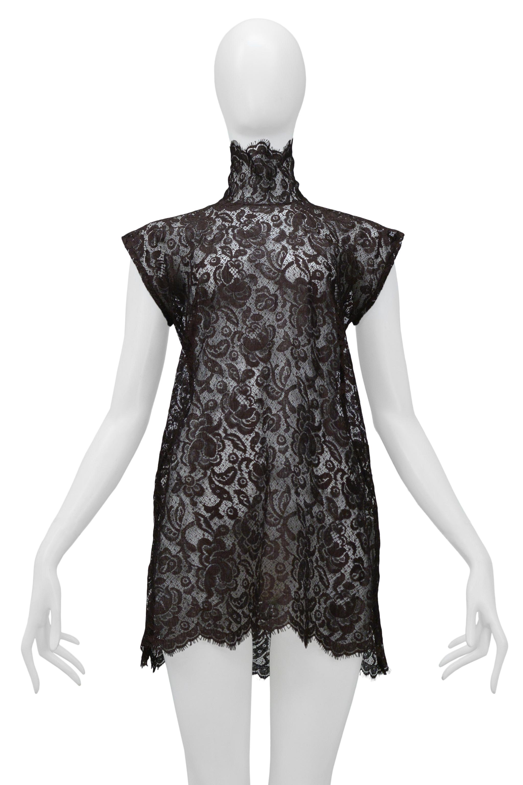 Black Dolce & Gabbana Brown Lace Mini Dress with High Neck 2001 