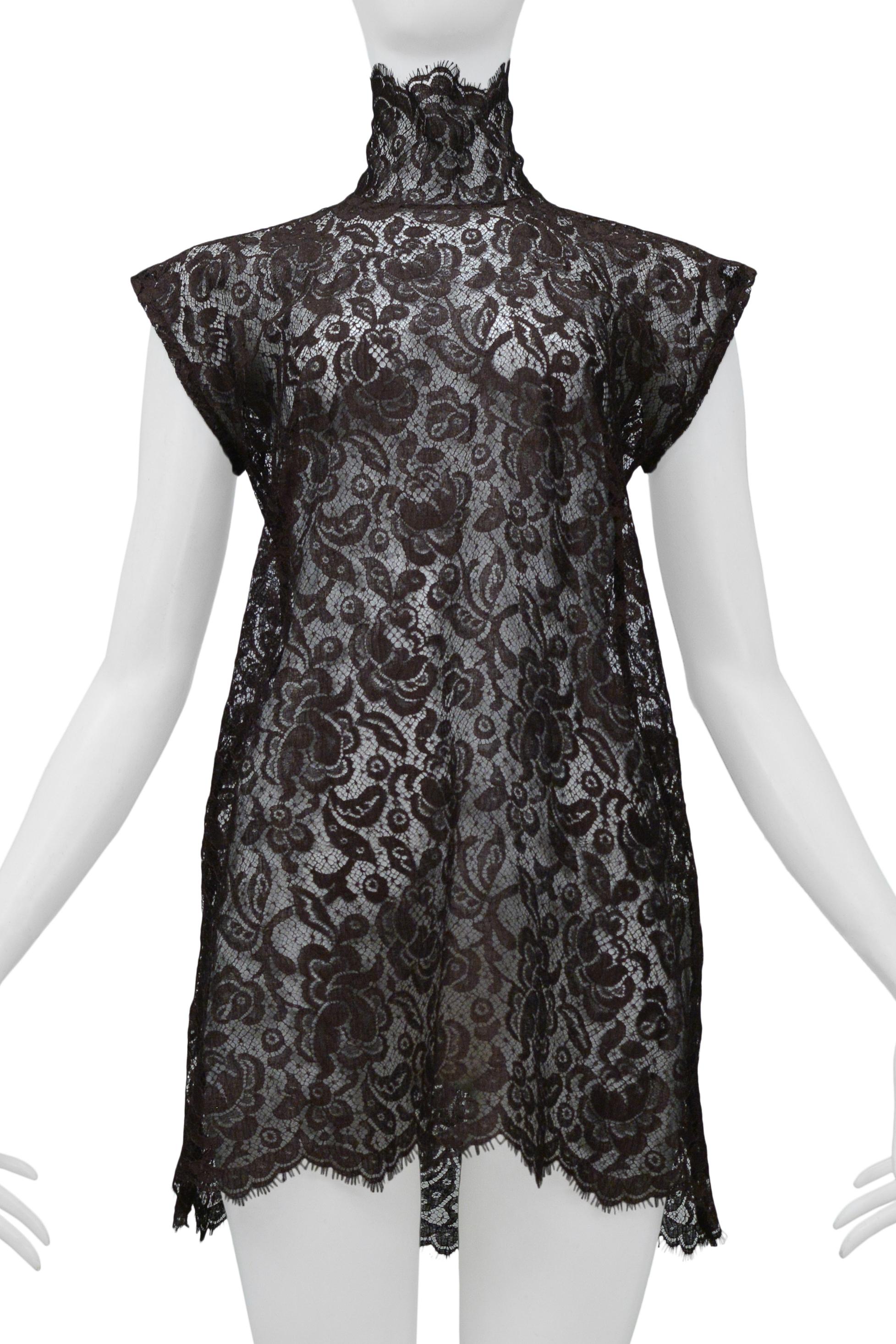 Dolce & Gabbana Brown Lace Mini Dress with High Neck 2001  In Excellent Condition In Los Angeles, CA
