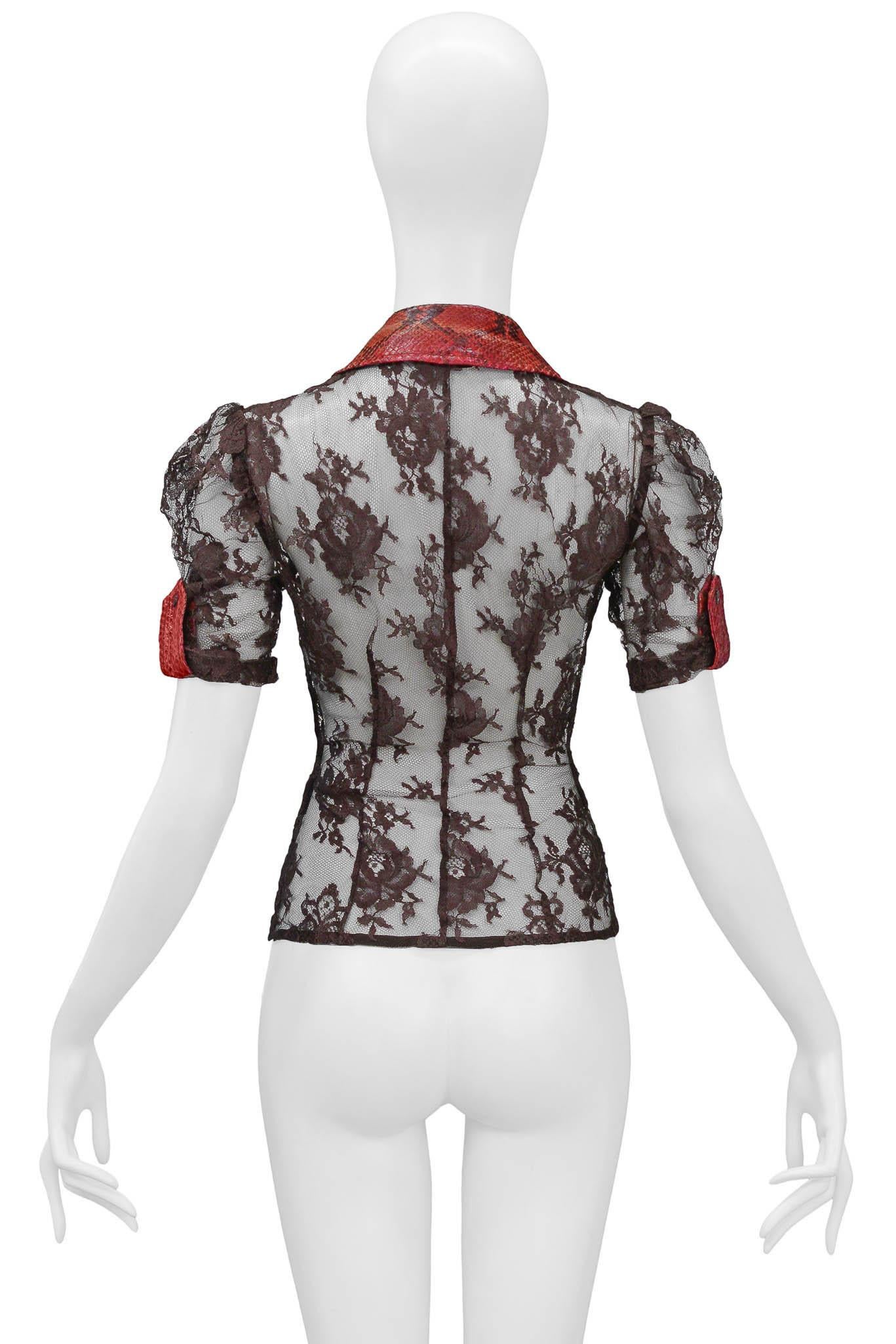 Gray Dolce & Gabbana Brown Lace Top With Red Python Trim 2005 For Sale