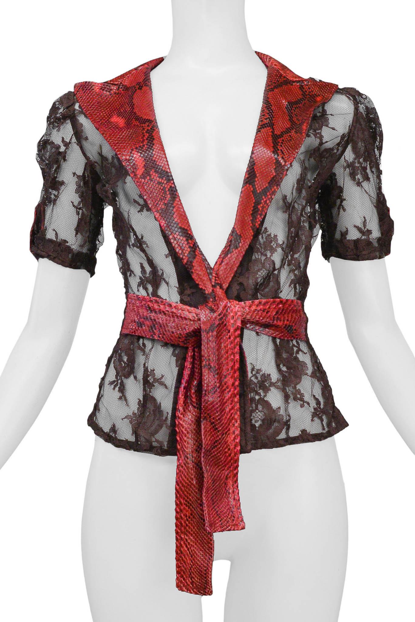 Dolce & Gabbana Brown Lace Top With Red Python Trim 2005 In Excellent Condition For Sale In Los Angeles, CA