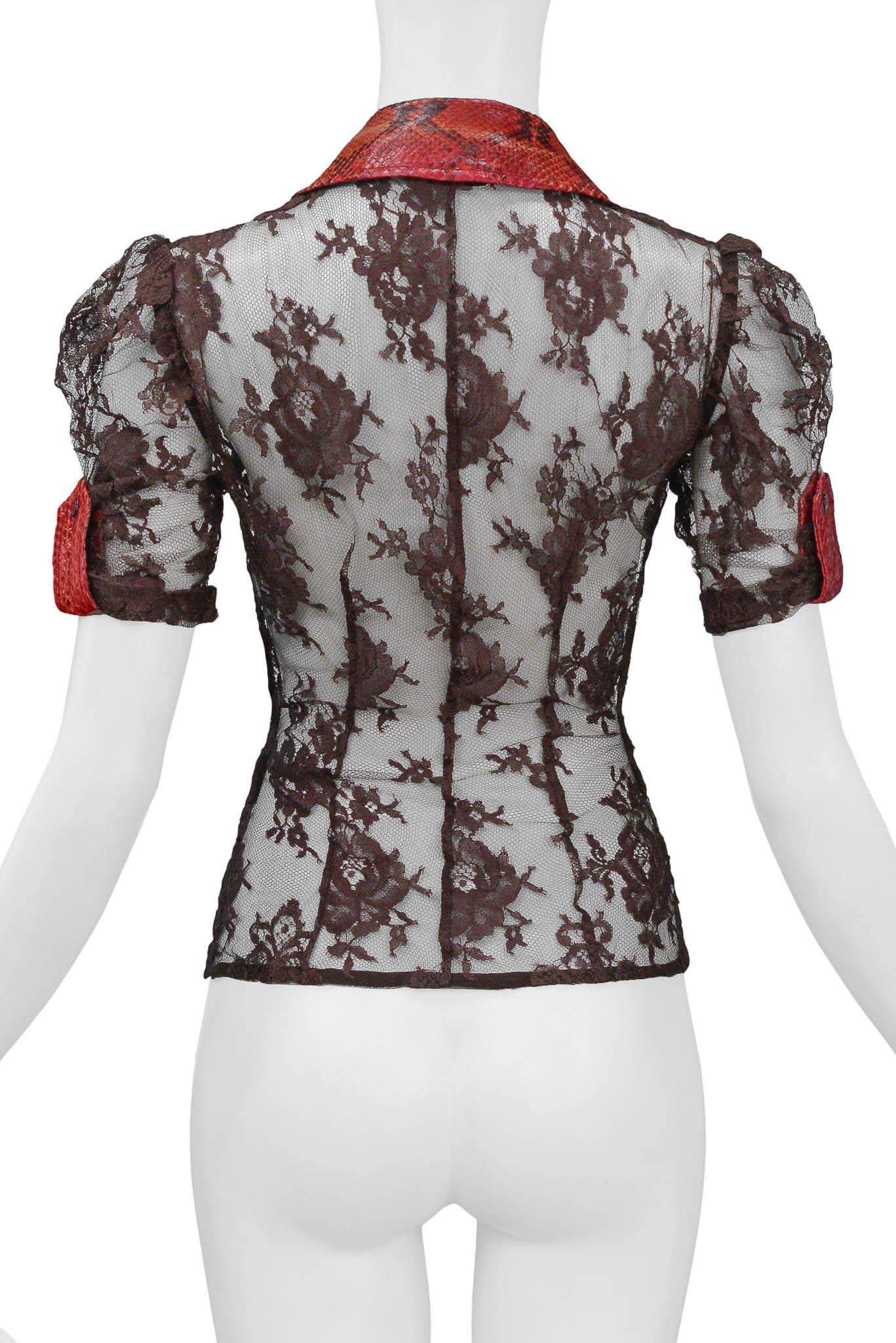 Women's Dolce & Gabbana Brown Lace Top With Red Python Trim 2005 For Sale