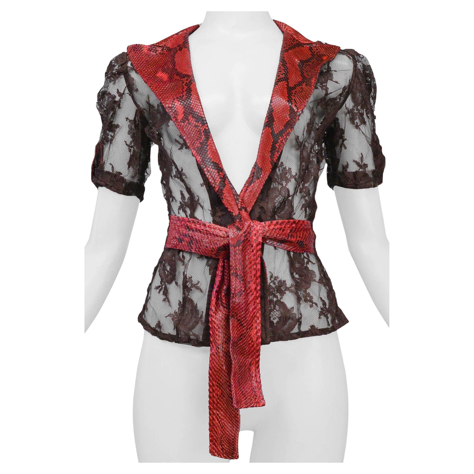 Dolce & Gabbana Brown Lace Top With Red Python Trim 2005 For Sale
