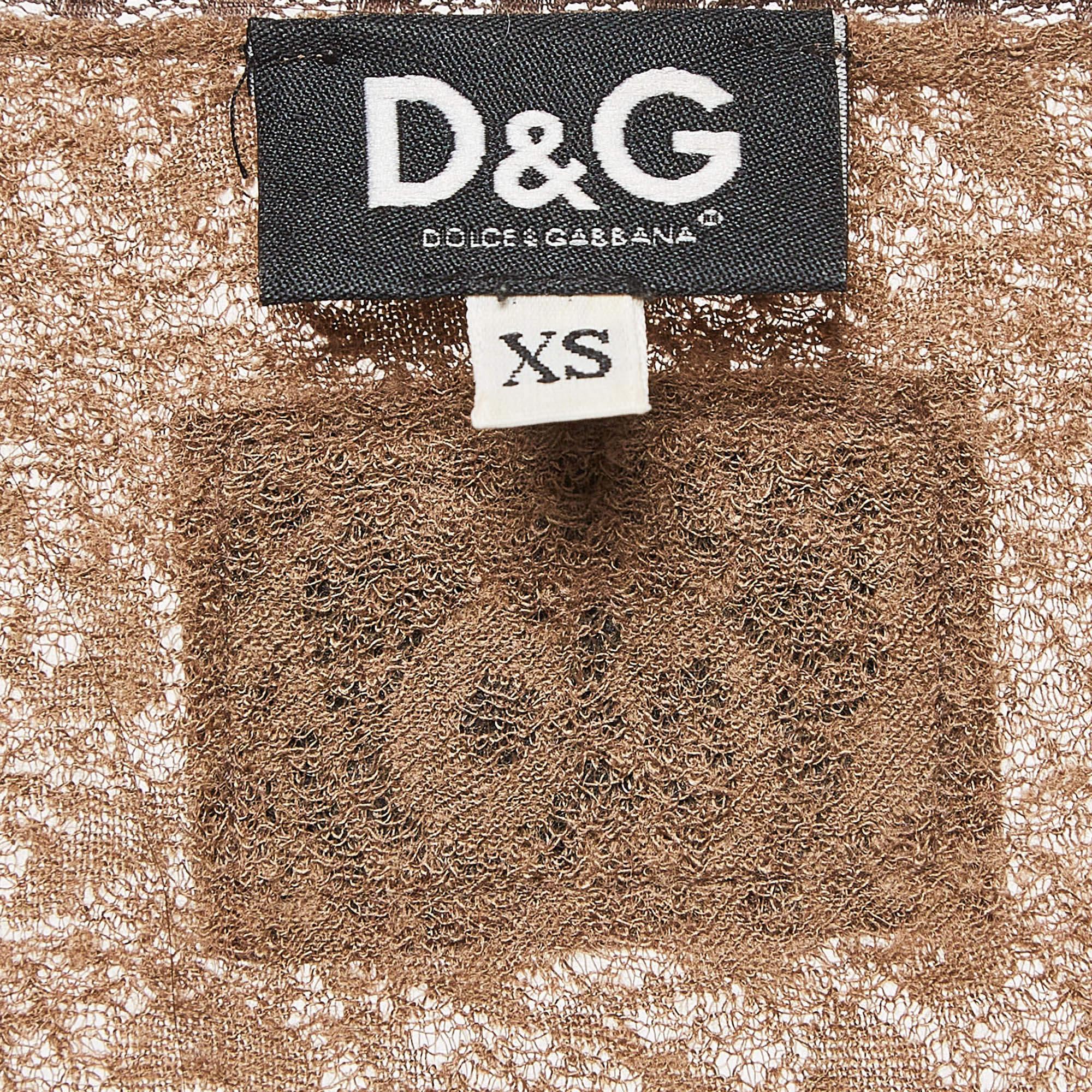 Dolce & Gabbana Brown Lace V Neck Top XS For Sale 1