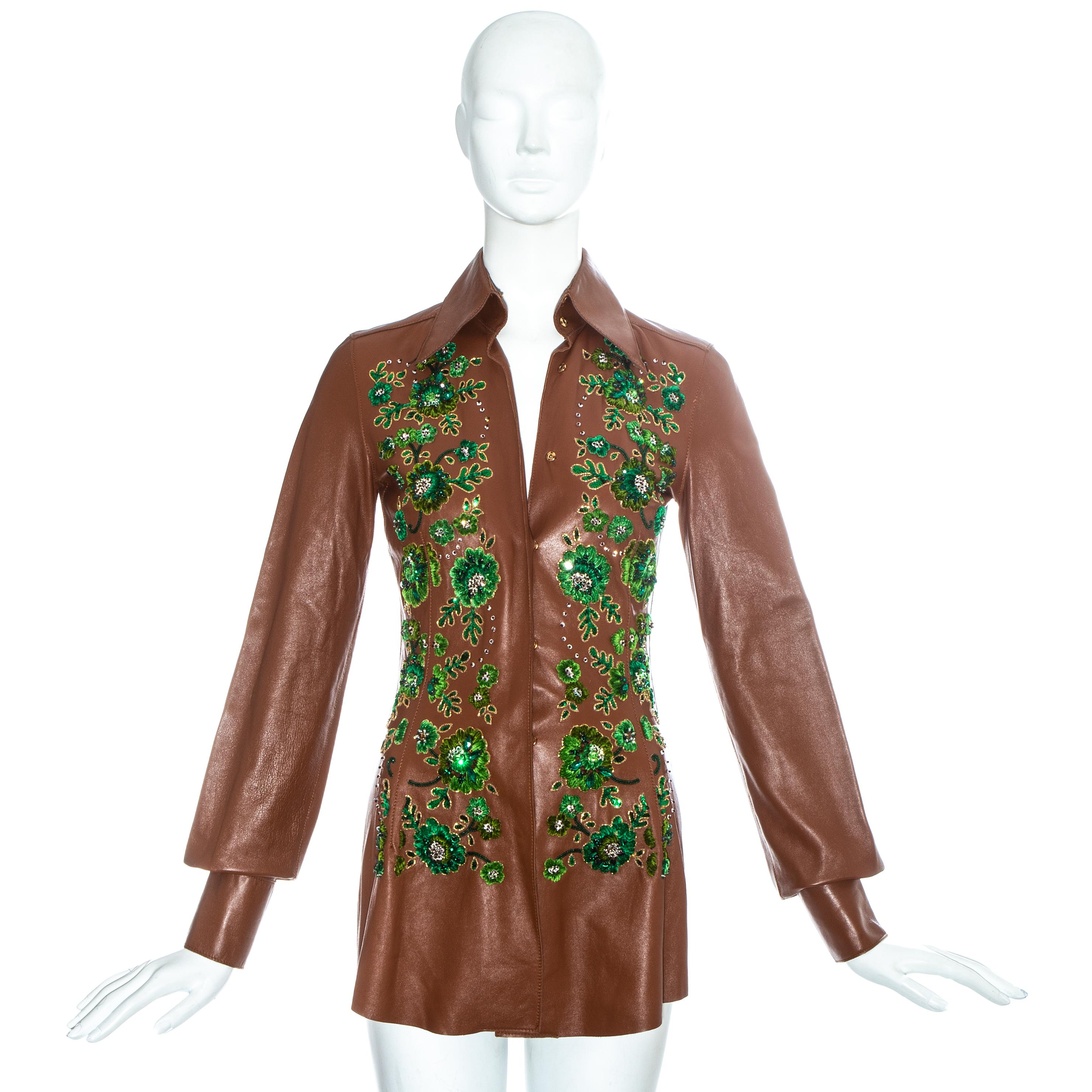Dolce & Gabbana brown leather western style blouse with green embellishment.

Spring-Summer 2001