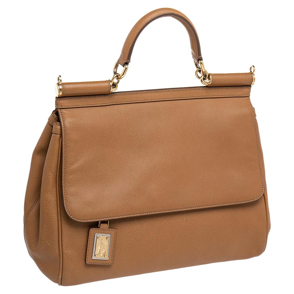 Dolce & Gabbana Brown Leather Large Miss Sicily Top Handle Bag In Good Condition In Dubai, Al Qouz 2