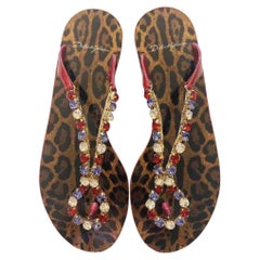 Dolce & Gabbana Brown Leather Leopard Flats Slides Sandals Flip Flops Crystals