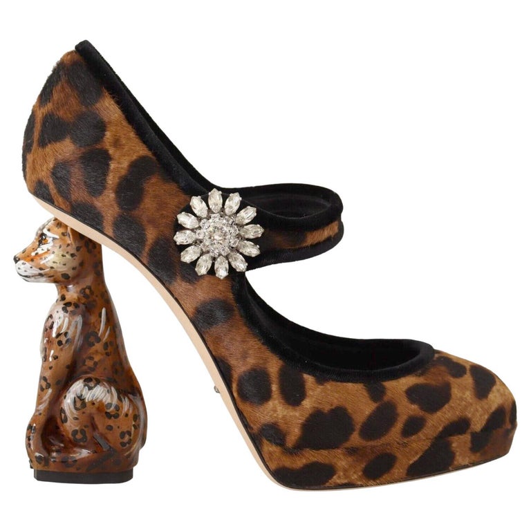 Dolce and Gabbana Brown Leather Leopard Mary Jane Pumps Shoes Heels