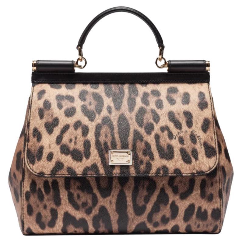 Dolce & Gabbana Brown Leather Leopard Sicily Handbag Shoulder Bag Top Handle  For Sale