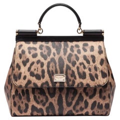 Dolce & Gabbana Brown Leather Leopard Sicily Handbag Shoulder Bag Top Handle 