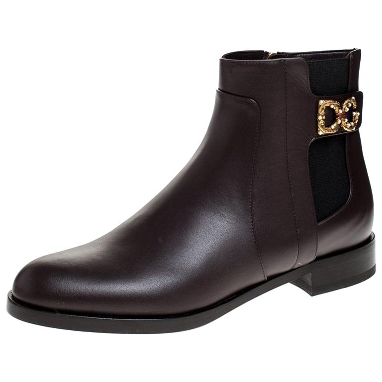 Dolce & Gabbana Brown Leather Logo Detail Ankle Boots Size 39