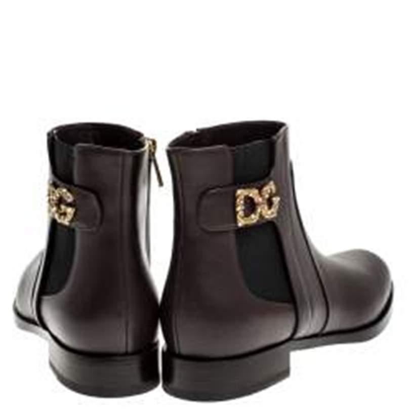 Dolce & Gabbana Brown Leather Logo Detail Ankle Boots Size 40 In New Condition In Dubai, Al Qouz 2