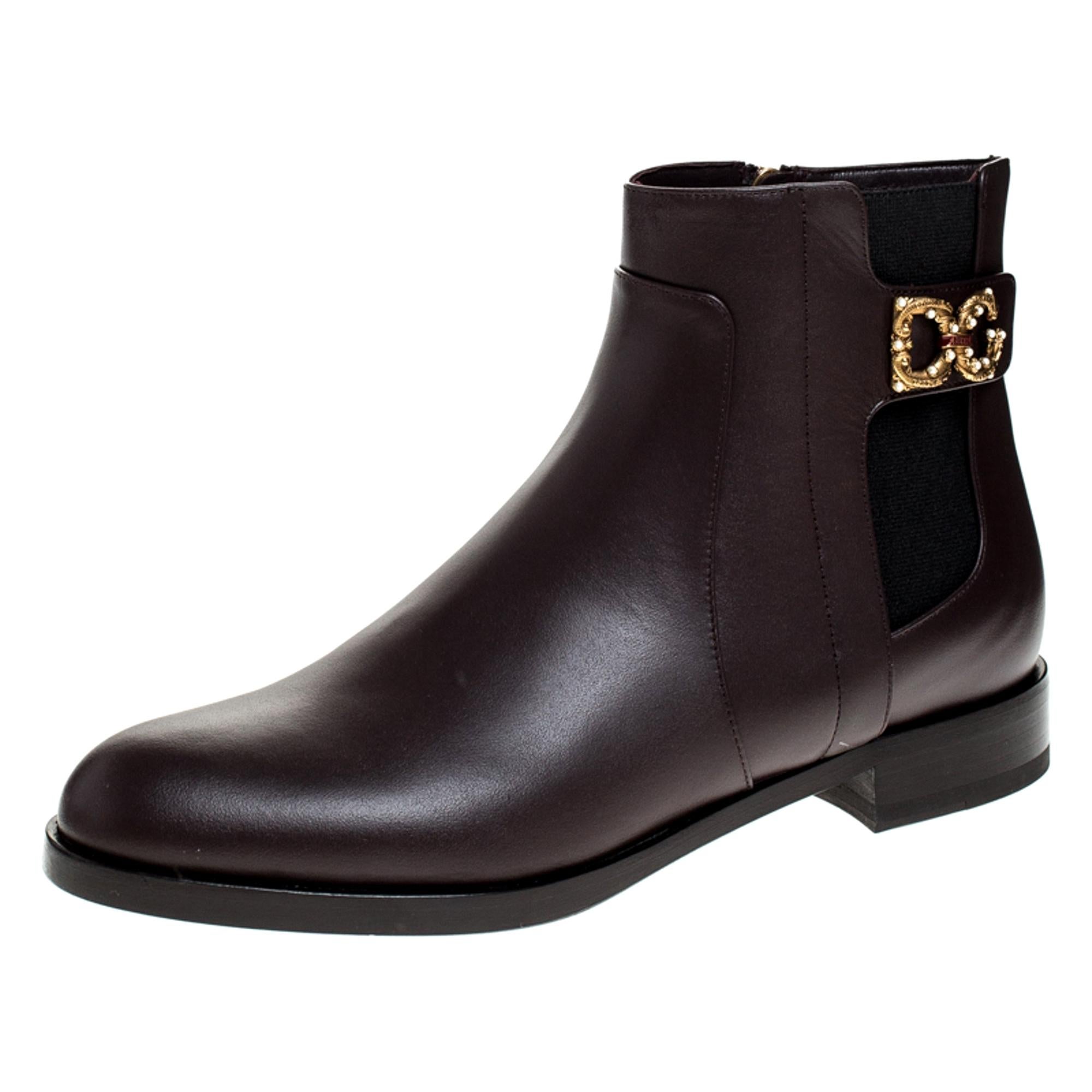 Dolce & Gabbana Brown Leather Logo Detail Ankle Boots Size 40