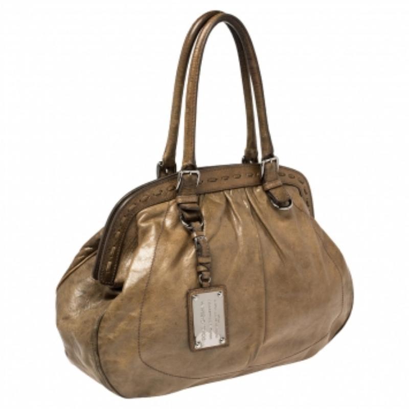 Dolce & Gabbana Brown Leather Miss Romantique Frame Satchel For Sale 2