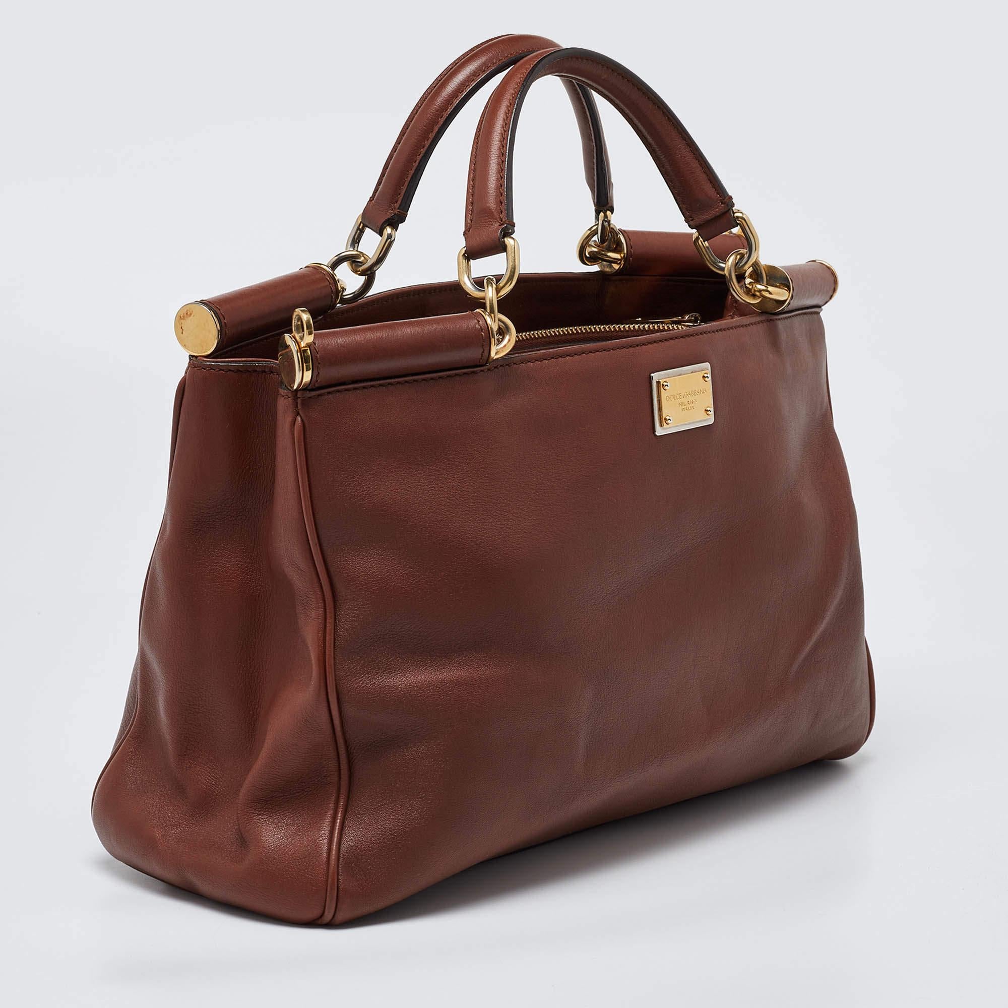Dolce & Gabbana Brown Leather Miss Sicily Tote In Fair Condition In Dubai, Al Qouz 2