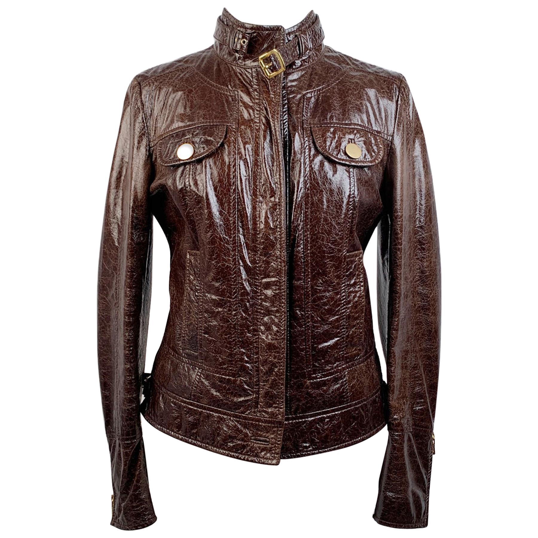 Dolce & Gabbana Brown Leather Zip Biker Style Jacket Size 42