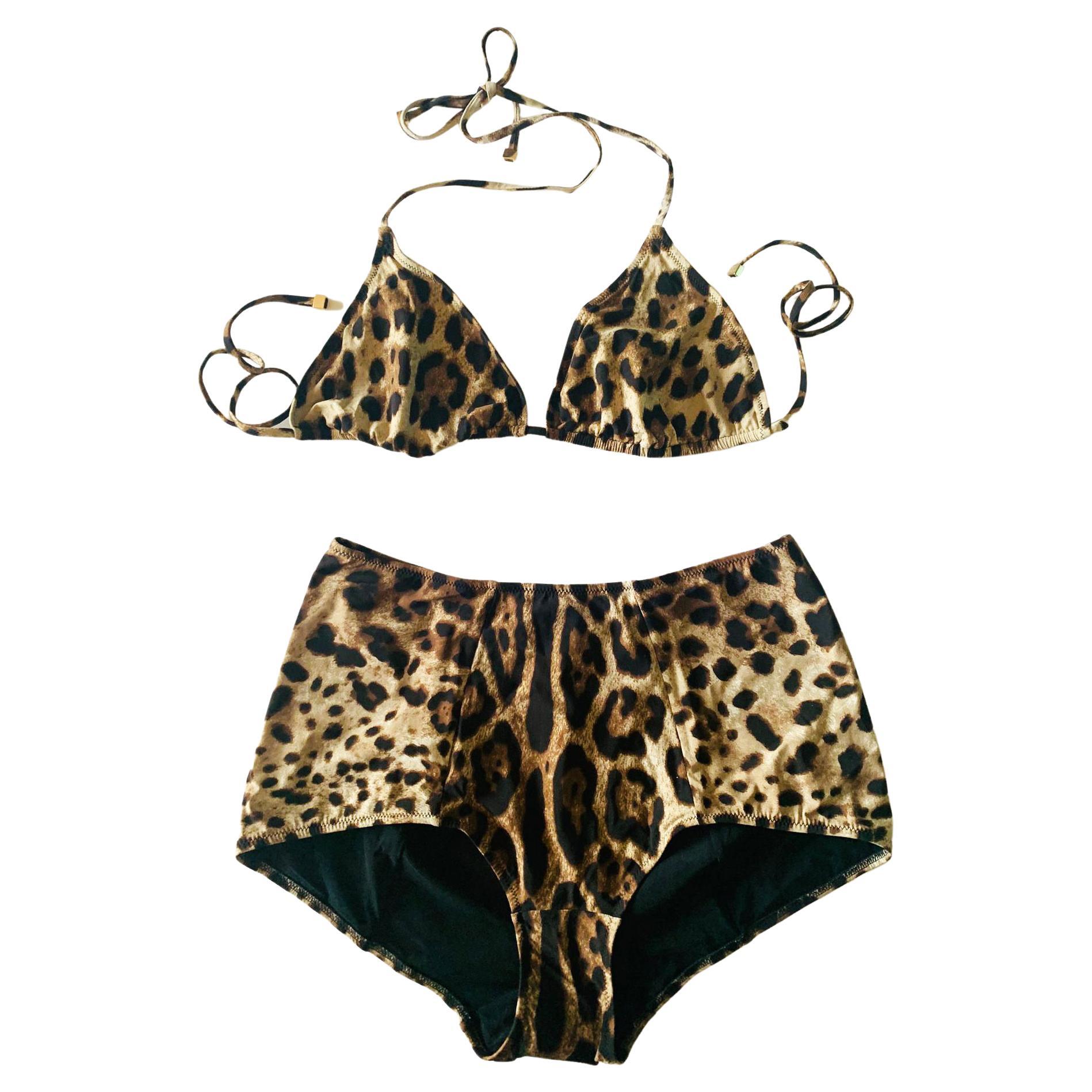 Dolce & Gabbana Brown Leopard Bikini Swimsuit Swimwear Beachwear Strings DG For Sale