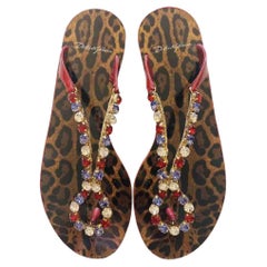 Dolce & Gabbana Brown Leopard Crystals Sandals Slides Flip Flops Beach Shoes