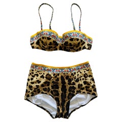Dolce & Gabbana Brown Leopard Majolica Bikini Swimsuit Swimwear Beachwear Floral