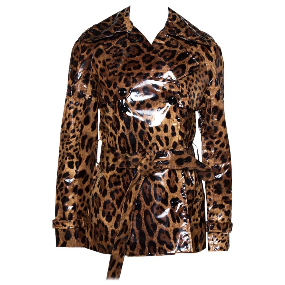 Dolce & Gabbana Brown Leopard Print Belted Trench Coat S