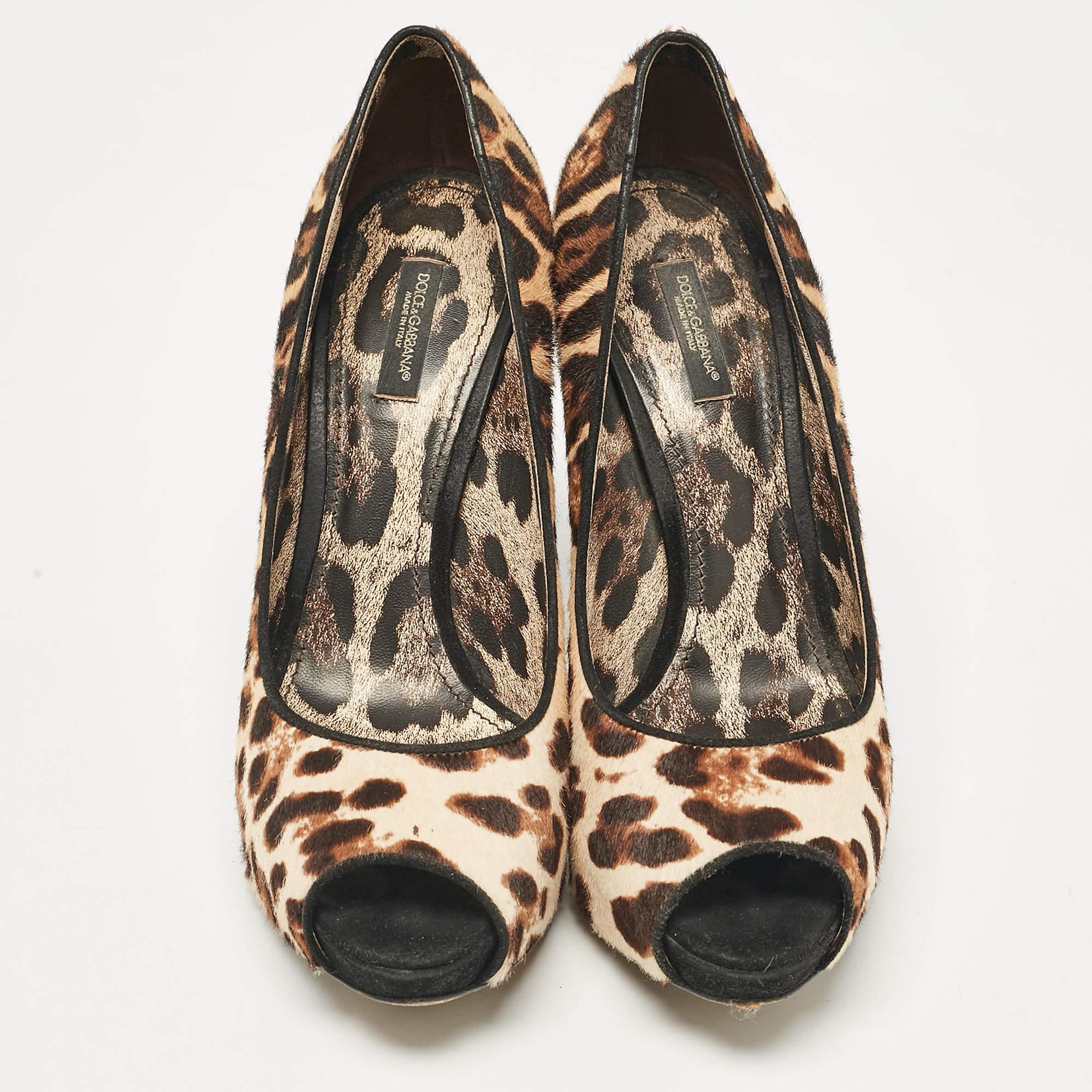 Black Dolce & Gabbana Brown Leopard Print Calf Hair Peep Toe Platform Pumps Size 40 For Sale