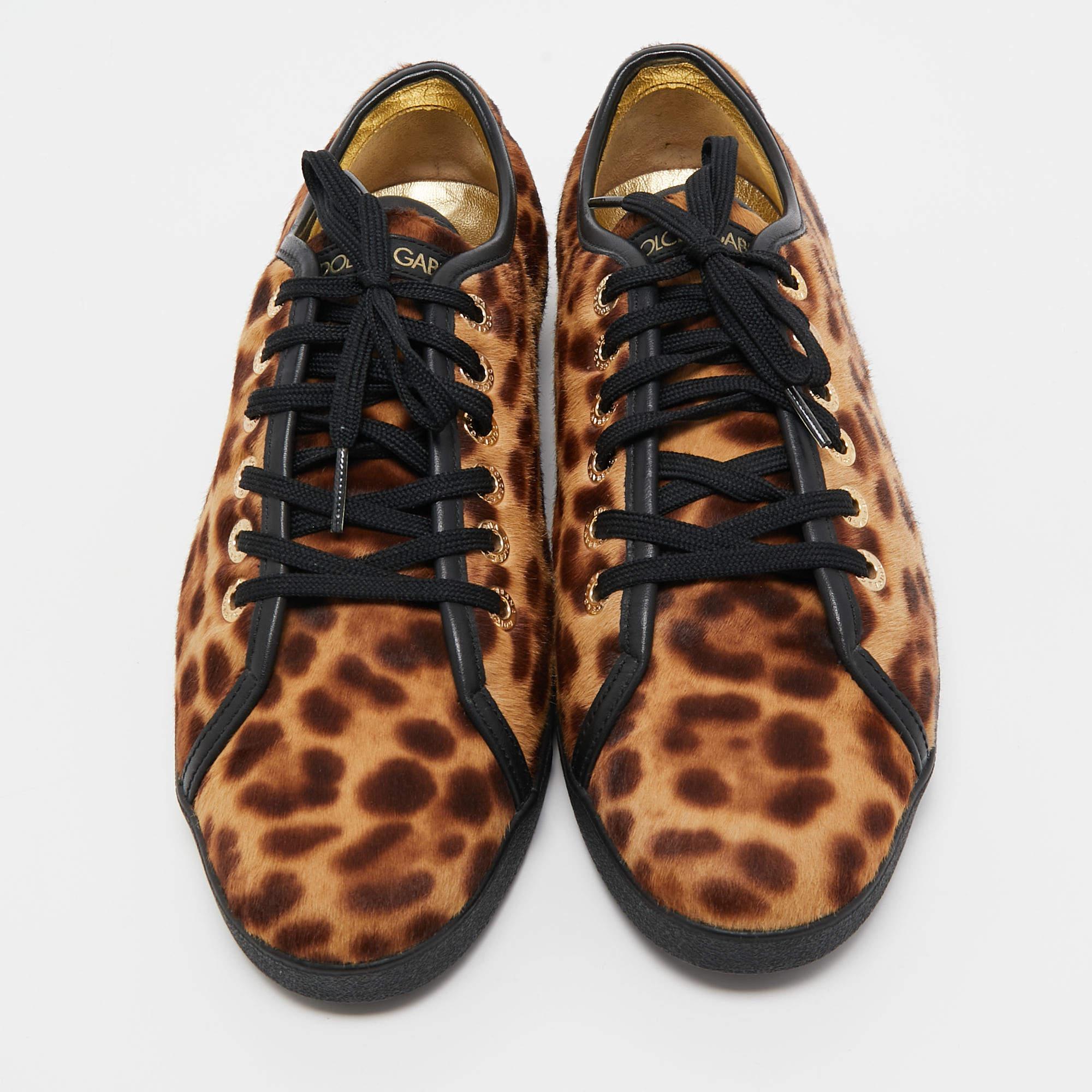 Black Dolce & Gabbana Brown Leopard Print Calf Hair Sneakers Size 41