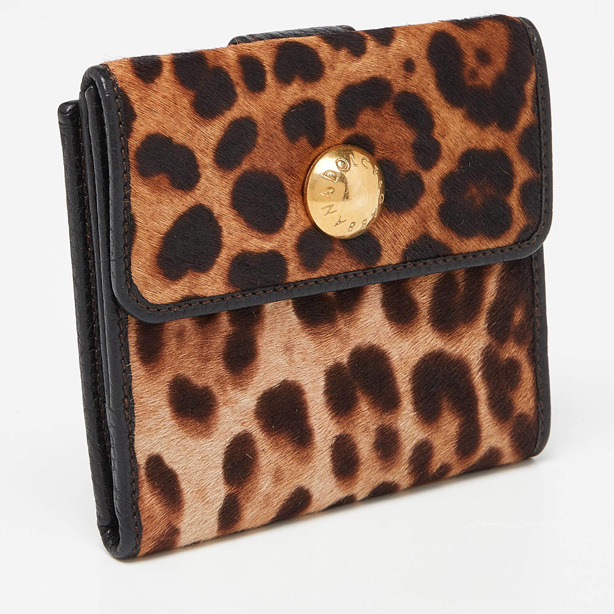 Dolce & Gabbana Brown Leopard Print Calfhair and Leather French Wallet In Good Condition In Dubai, Al Qouz 2