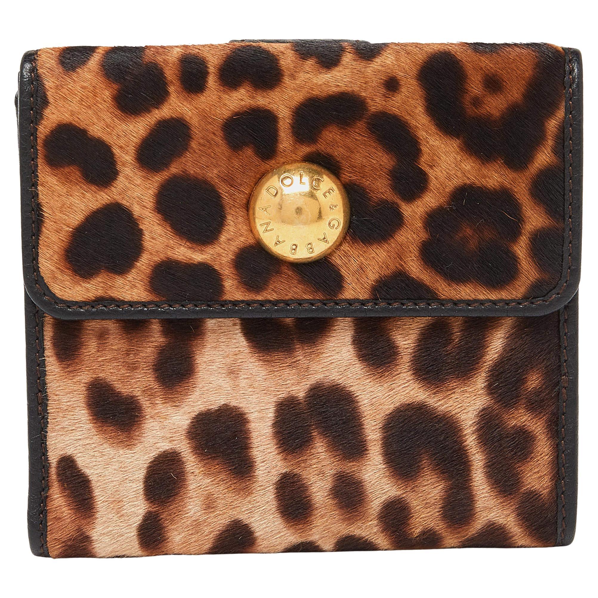 Dolce & Gabbana Brown Leopard Print Kalbshaar und Leder Französisch Brieftasche