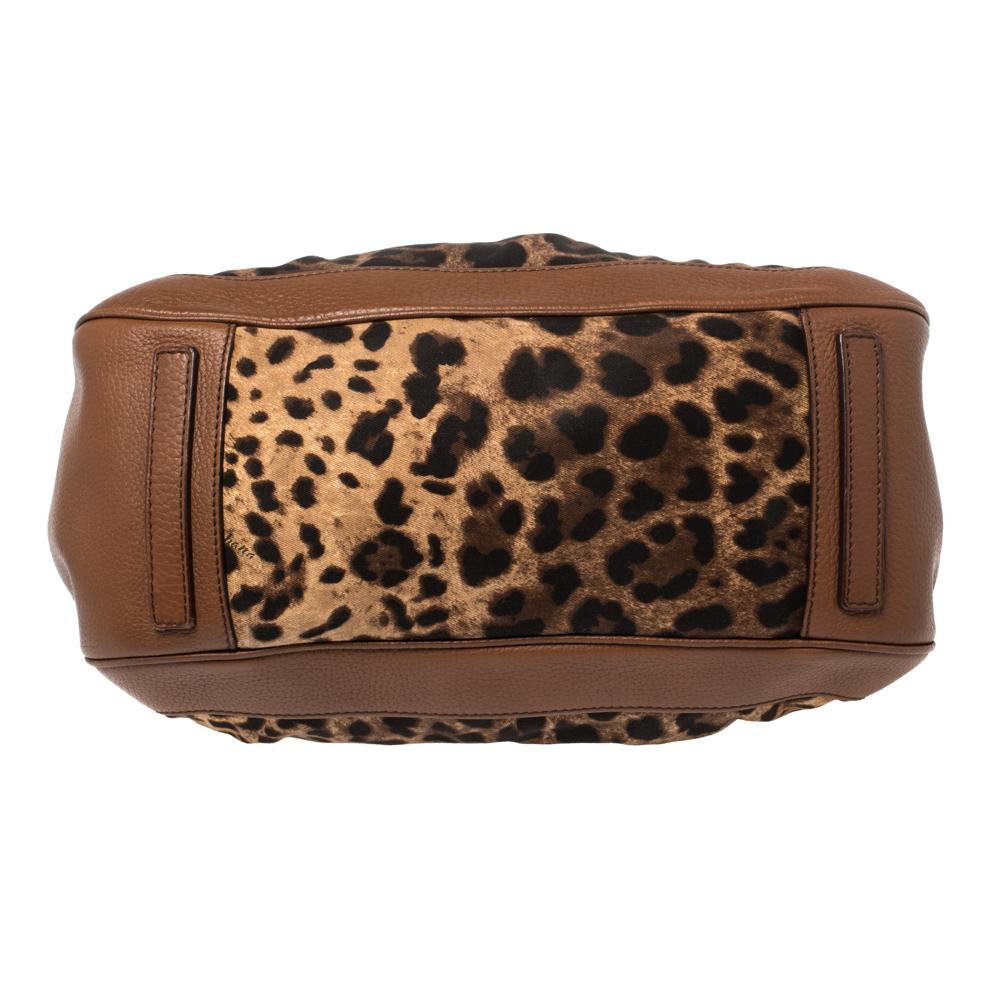 Dolce & Gabbana Brown Leopard Print Canvas and Leather Animalier Zip Satchel In Good Condition In Dubai, Al Qouz 2