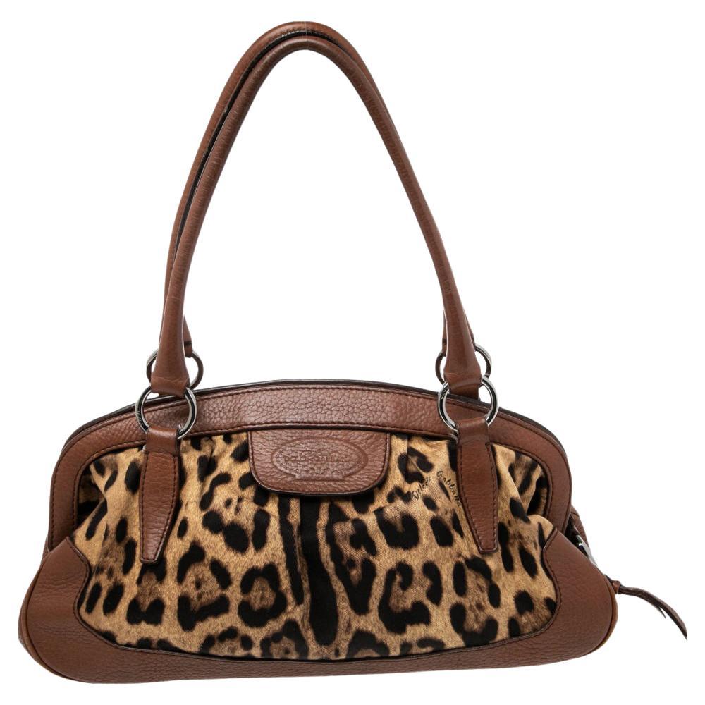 Dolce & Gabbana Brown Leopard Print Canvas and Leather Animalier Zip Satchel