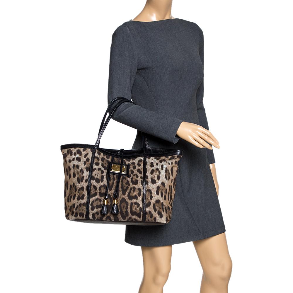 Black Dolce & Gabbana Brown Leopard Print Canvas and Leather Miss Escape Tote