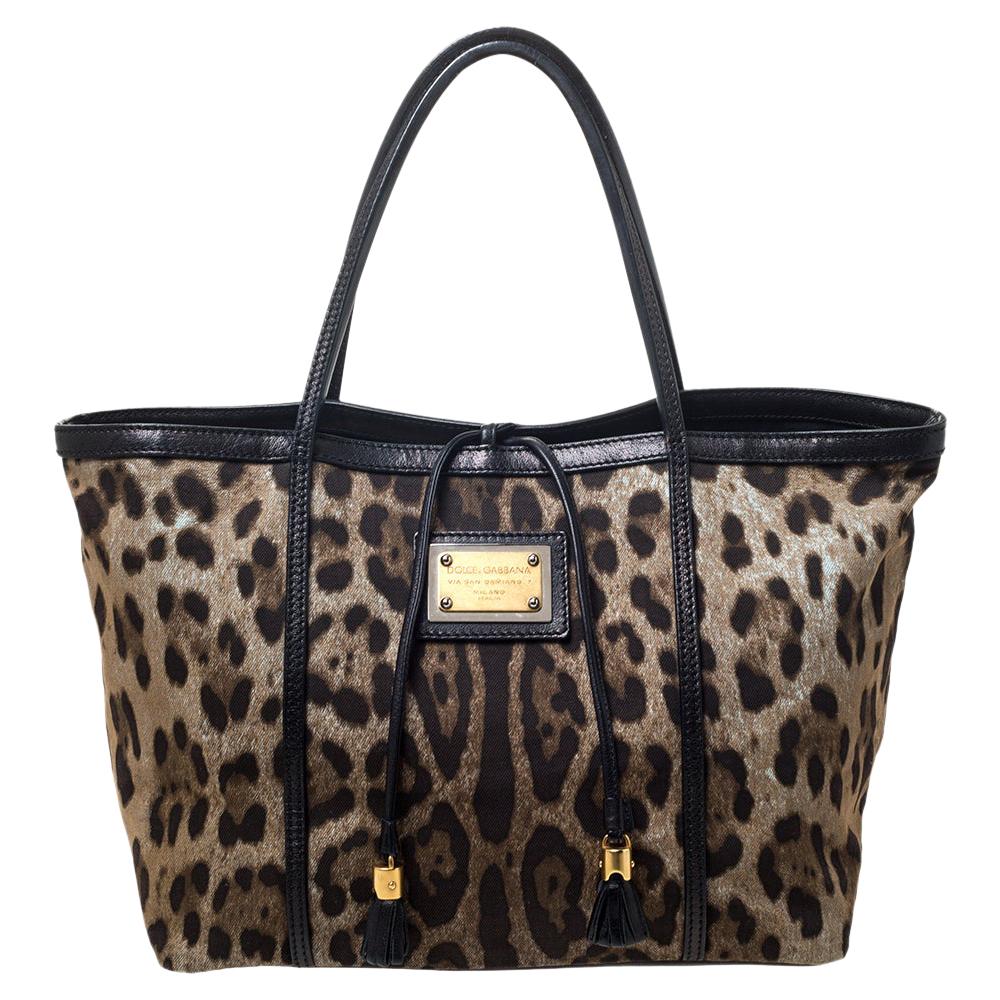Dolce & Gabbana Brown Leopard Print Canvas and Leather Miss Escape Tote
