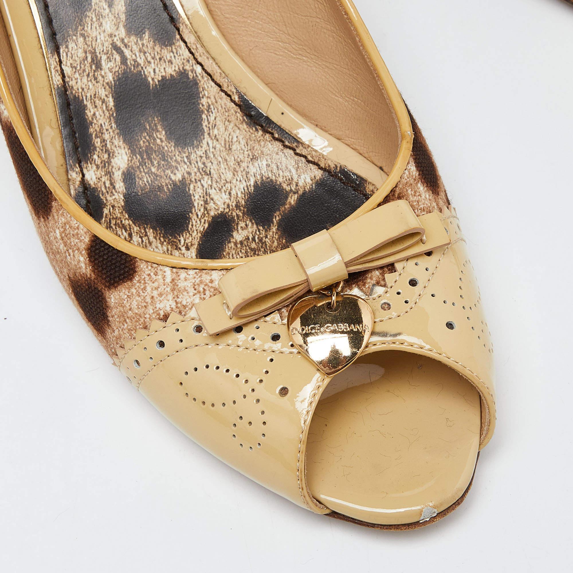 Dolce & Gabbana Brown Leopard Print Canvas Patent Leather Peep Toe Pumps Size 39 3