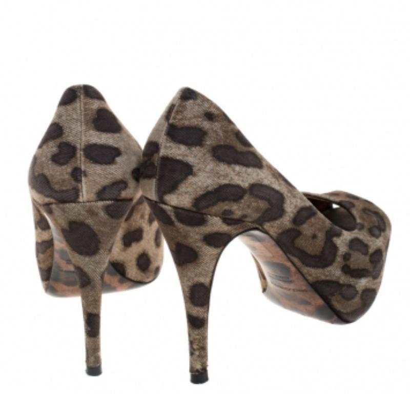 Nero Dolce & Gabbana - Pompe a punta aperta in tela con stampa leopardata marrone - Taglia 37 in vendita