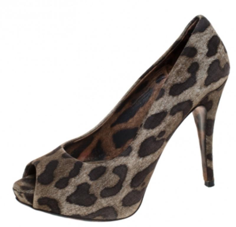 Dolce & Gabbana - Pompe a punta aperta in tela con stampa leopardata marrone - Taglia 37 in vendita 1