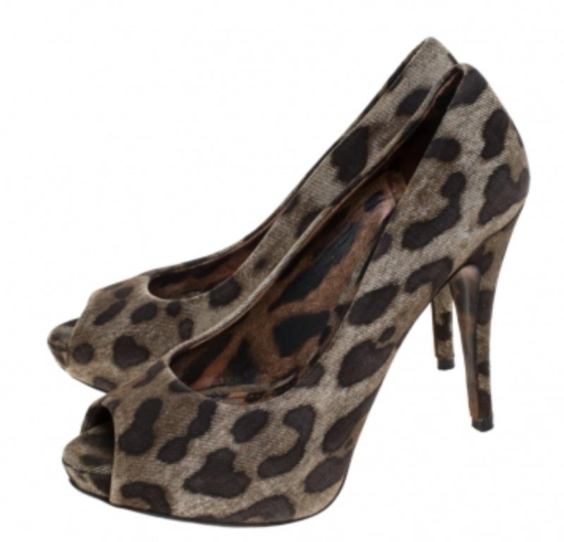 Dolce & Gabbana - Pompe a punta aperta in tela con stampa leopardata marrone - Taglia 37 in vendita 2