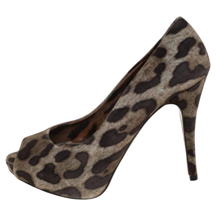 Dolce & Gabbana - Pompe a punta aperta in tela con stampa leopardata marrone - Taglia 37 in vendita