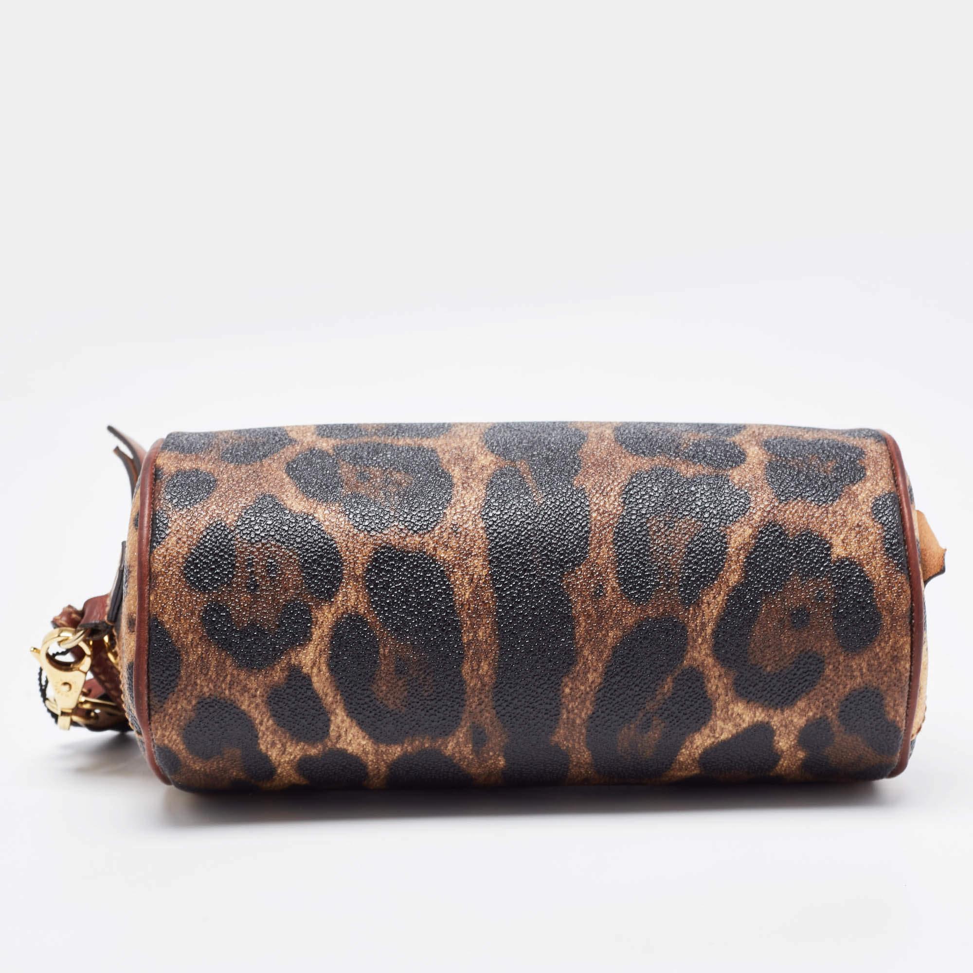 Women's Dolce & Gabbana Brown Leopard Print Coated Canvas and Leather Wristlet Pouch