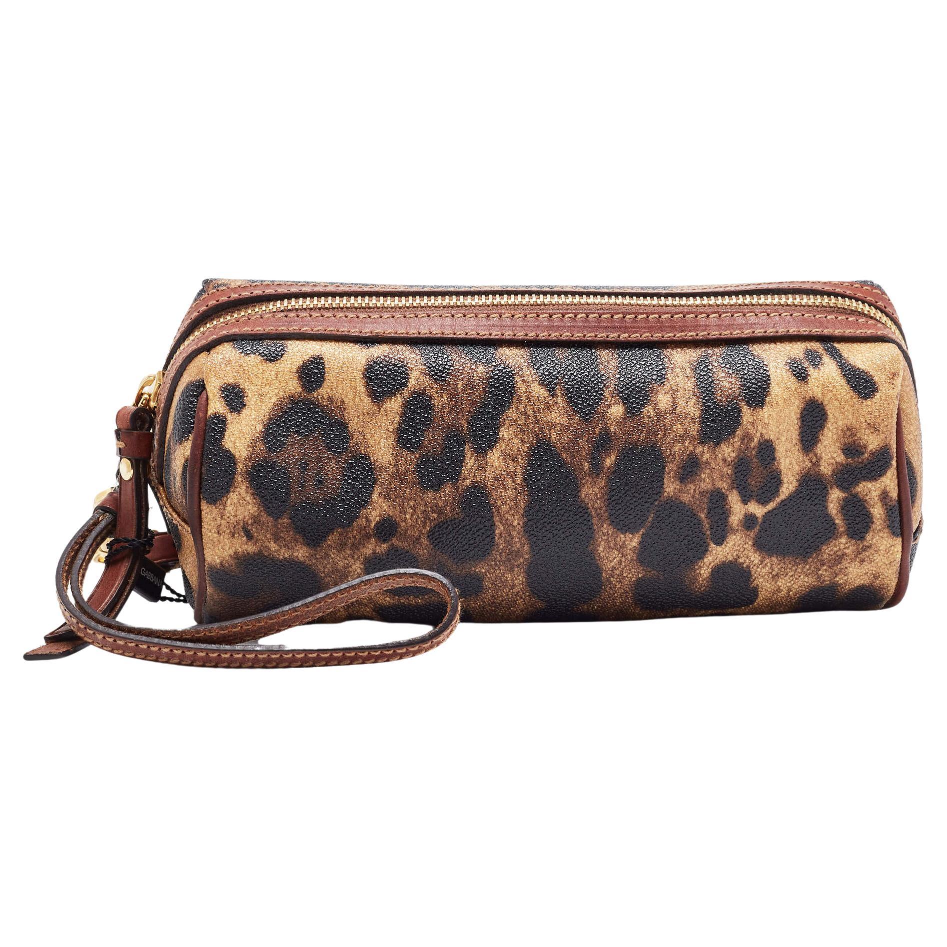 Dolce & Gabbana Brown Leopard Print Coated Canvas and Leather Wristlet Pouch For Sale
