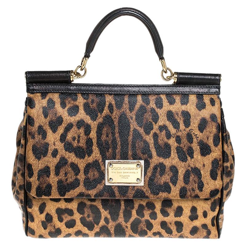 Dolce & Gabbana Brown Leopard Print Coated Canvas Miss Sicily Top Handle Bag