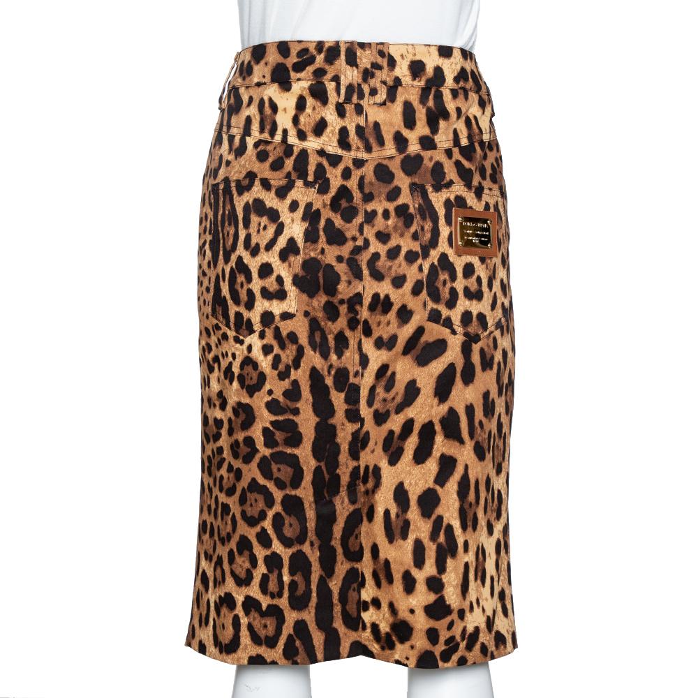 Dolce & Gabbana Brown Leopard Print Cotton Fitted Skirt L In Good Condition In Dubai, Al Qouz 2