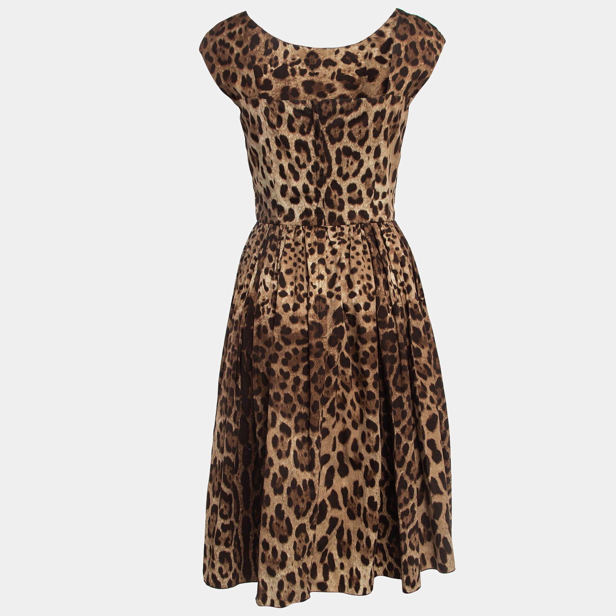 Dolce & Gabbana Brown Leopard Print Cotton Gathered Midi Dress S In Excellent Condition For Sale In Dubai, Al Qouz 2