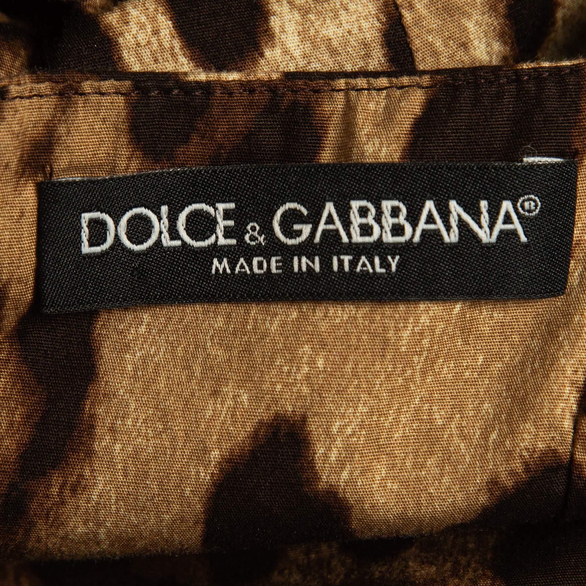 Black Dolce & Gabbana Brown Leopard Print Cotton Gathered Midi Dress S For Sale