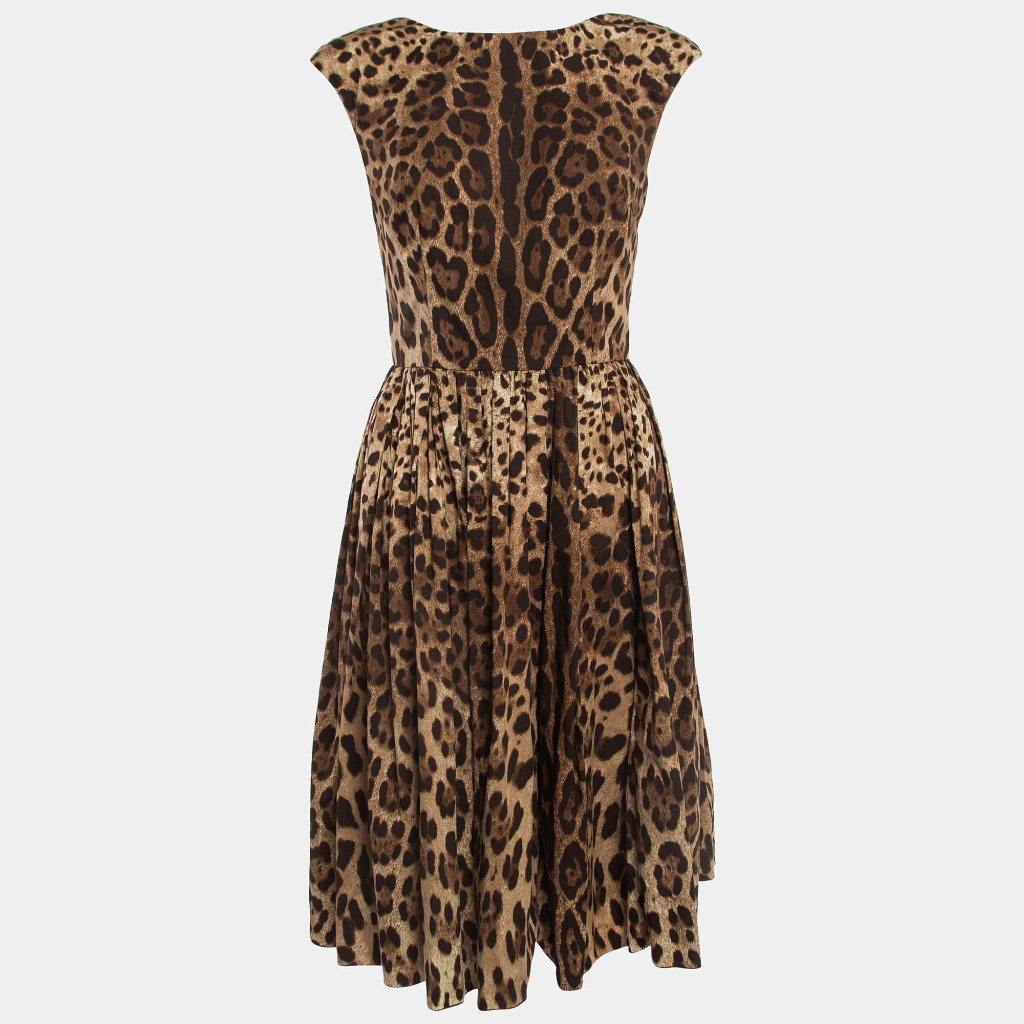 Women's Dolce & Gabbana Brown Leopard Print Cotton Gathered Midi Dress S For Sale