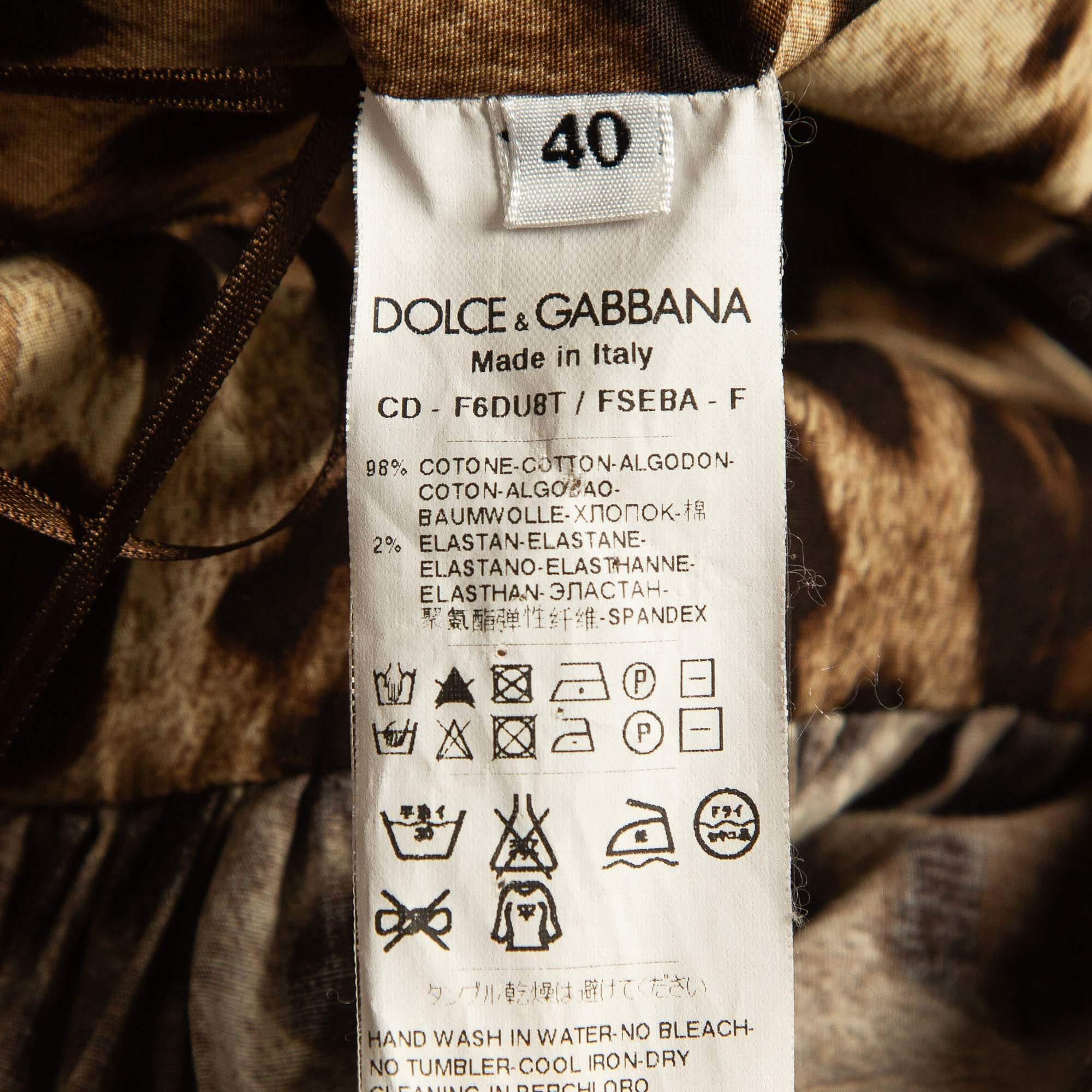 Dolce & Gabbana Brown Leopard Print Cotton Gathered Midi Dress S For Sale 1