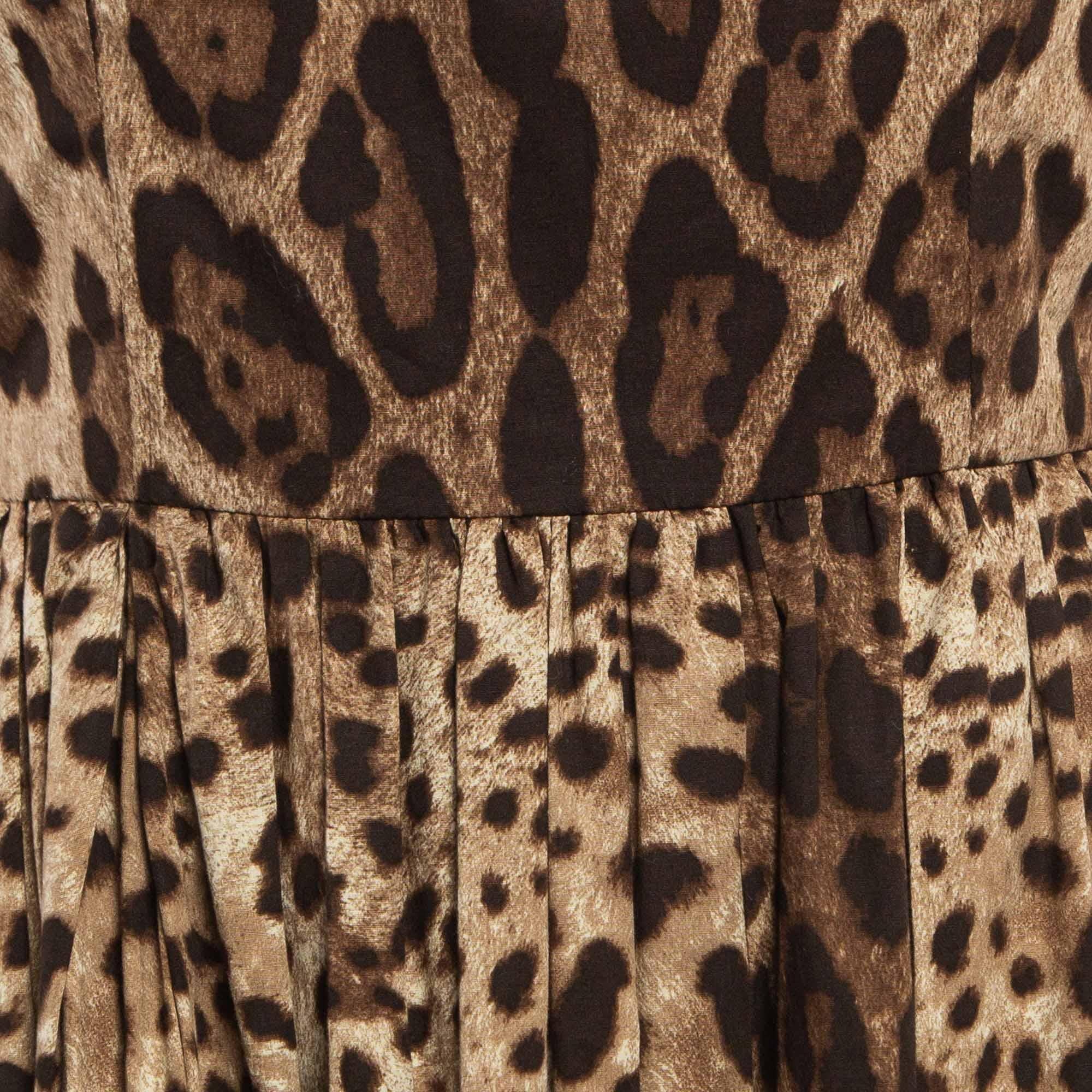 Dolce & Gabbana Brown Leopard Print Cotton Gathered Midi Dress S For Sale 2
