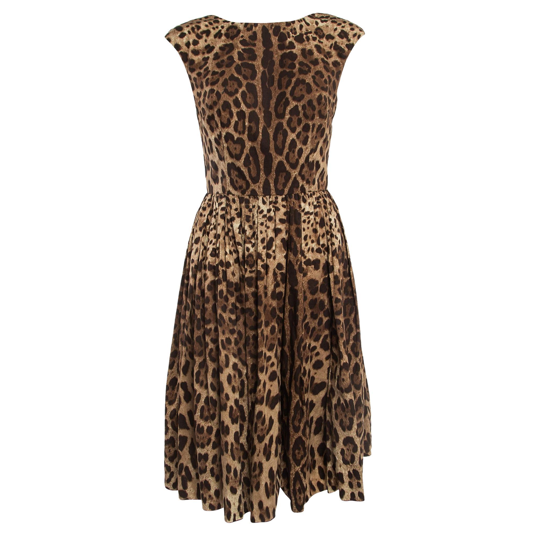 Dolce & Gabbana Brown Leopard Print Cotton Gathered Midi Dress S For Sale