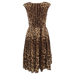 Dolce & Gabbana Brown Leopard Print Cotton Gathered Midi Dress S