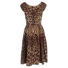 Dolce & Gabbana Brown Leopard Print Cotton Gathered Midi Dress S
