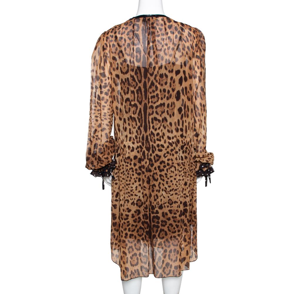 Dolce & Gabbana Brown Leopard Print Cotton Kaftan Dress L In Good Condition In Dubai, Al Qouz 2